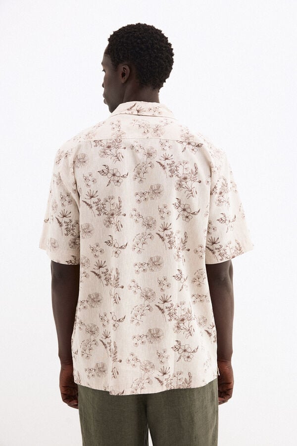 Pedro del Hierro Camisa estampada manga curta em linho e algod&atilde;o Beige