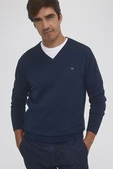Pedro del Hierro Jersey punto fino algod&oacute;n cuello pico Azul