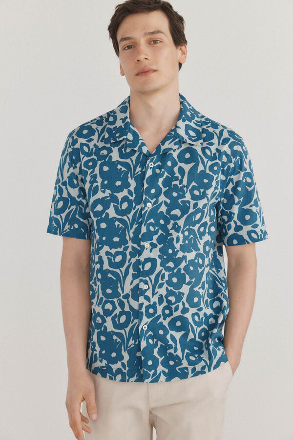 Pedro del Hierro Camisa estampada manga corta tejido lino Azul