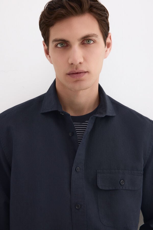 Pedro del Hierro Camisa em linho com bolsos Azul