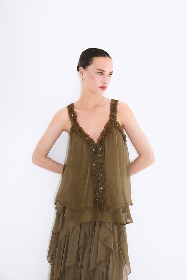 Pedro del Hierro Top de al&ccedil;as com folhos Verde