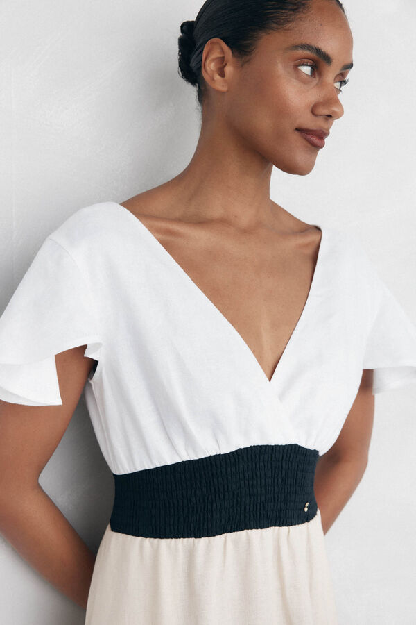 Pedro del Hierro Vestido de linho com contraste flu&iacute;do Marrom