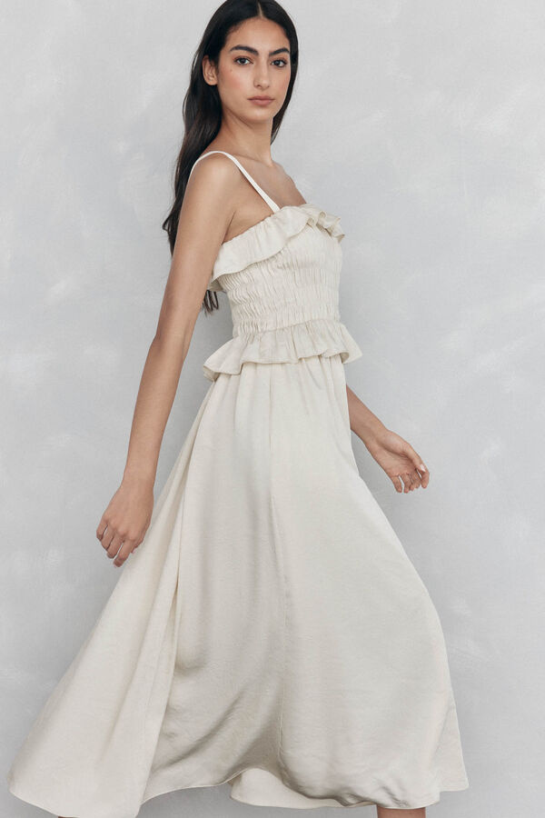 Pedro del Hierro Vestido emborrachado com babados Beige