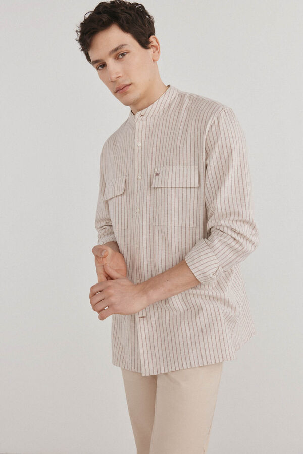 Pedro del Hierro Camisa riscas de linho de linho Beige
