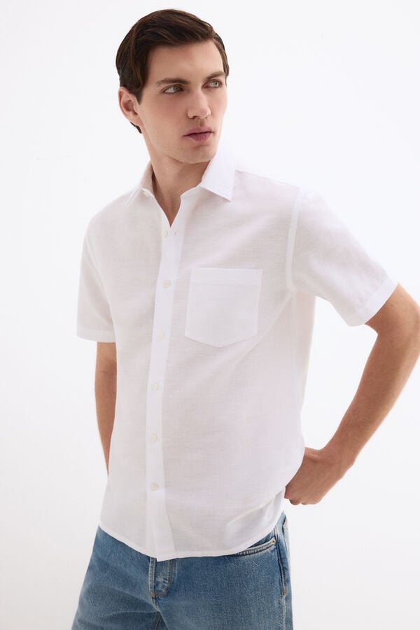 Pedro del Hierro Camisa lisa em linho e algod&atilde;o Branco
