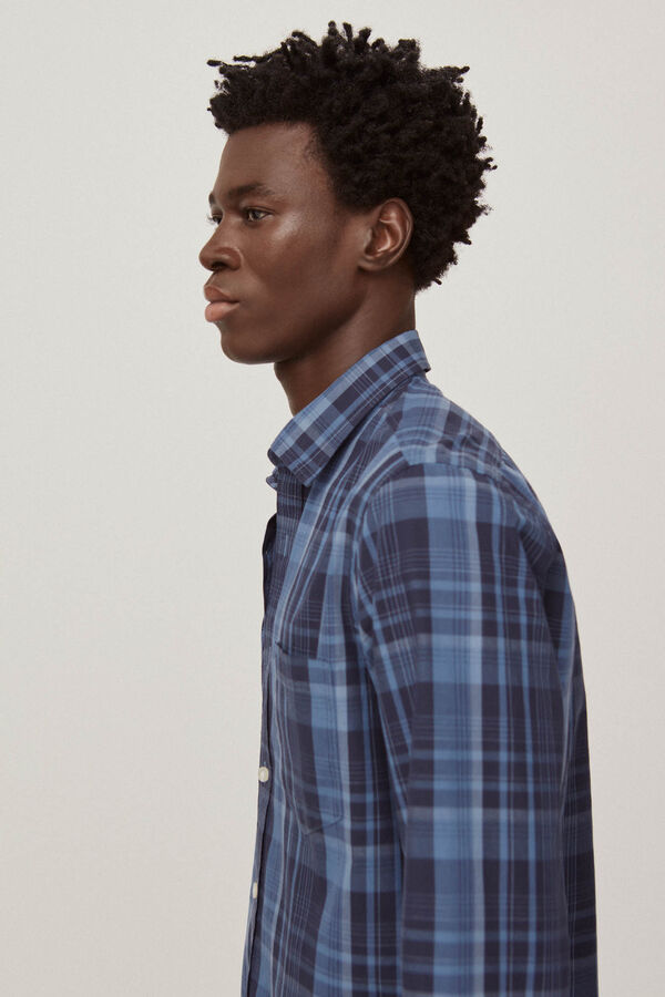 Pedro del Hierro Camisa algod&atilde;o linho quadrados Azul