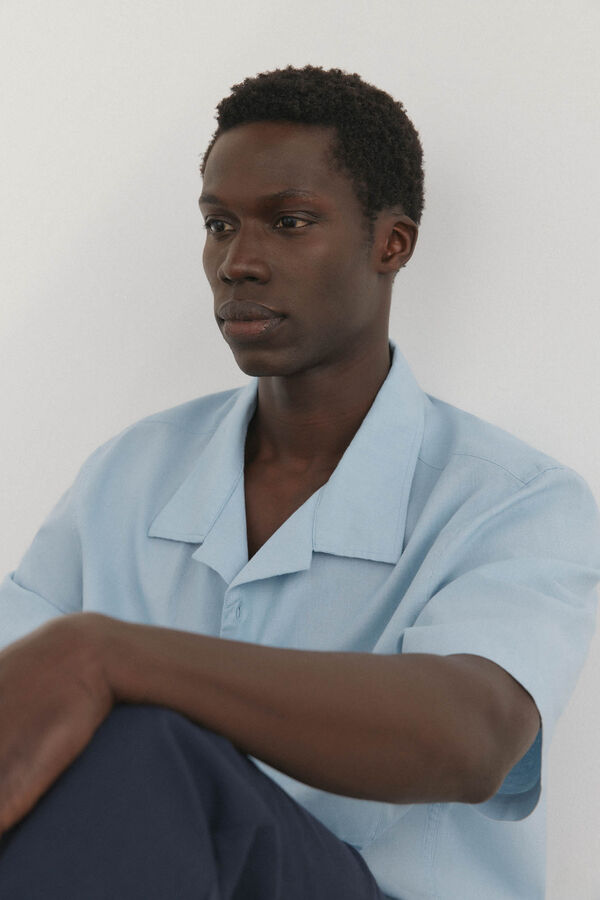 Pedro del Hierro Camisa de linho de tecido manga curta Azul