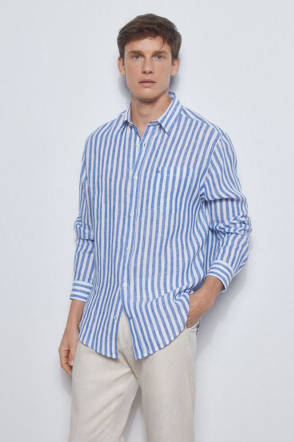 Pedro del Hierro Camisa lino rayas Azul