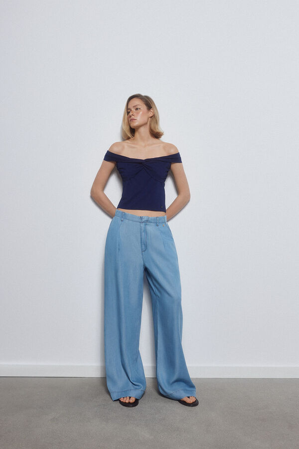 Pedro del Hierro Pantal&oacute;n wide leg cropped 100% tencel&trade; lyocell Azul