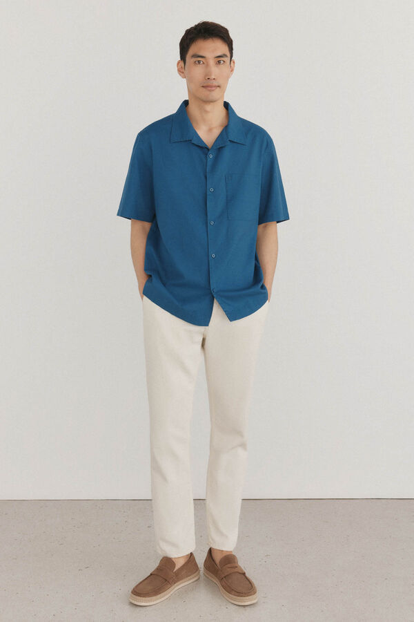 Pedro del Hierro Camisa lisa manga corta tejido lino Azul