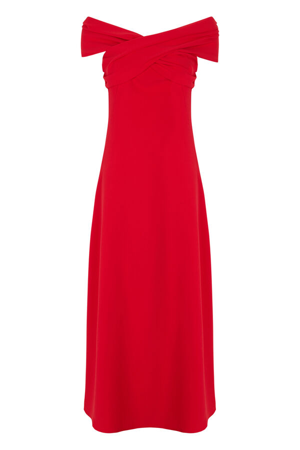 TFP by Tamara Falc&oacute; Vestido off shoulder drapeado. Vermelho