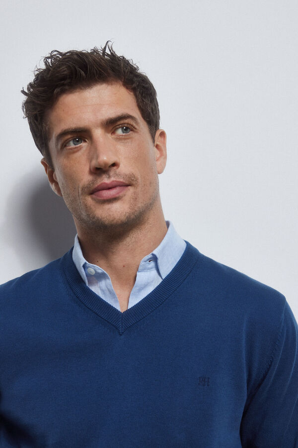 Pedro del Hierro Jersey algod&oacute;n cuello pico b&aacute;sico Azul