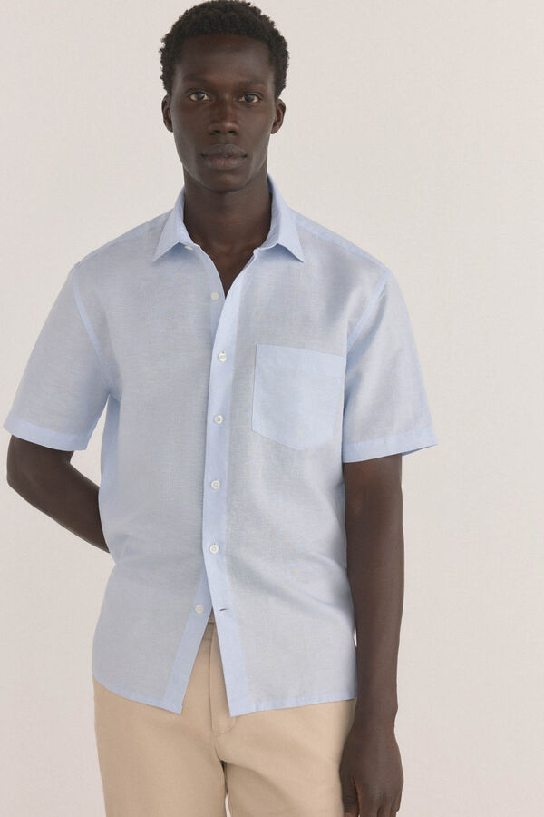 Pedro del Hierro Camisa de linho de tecido manga curta Azul