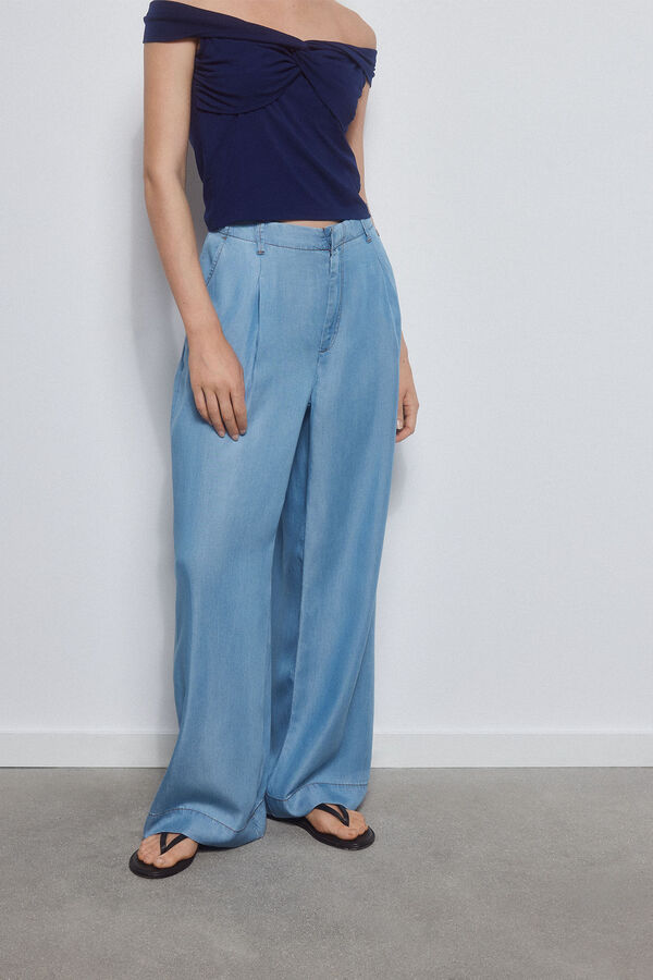 Pedro del Hierro Pantal&oacute;n wide leg cropped 100% tencel&trade; lyocell Azul