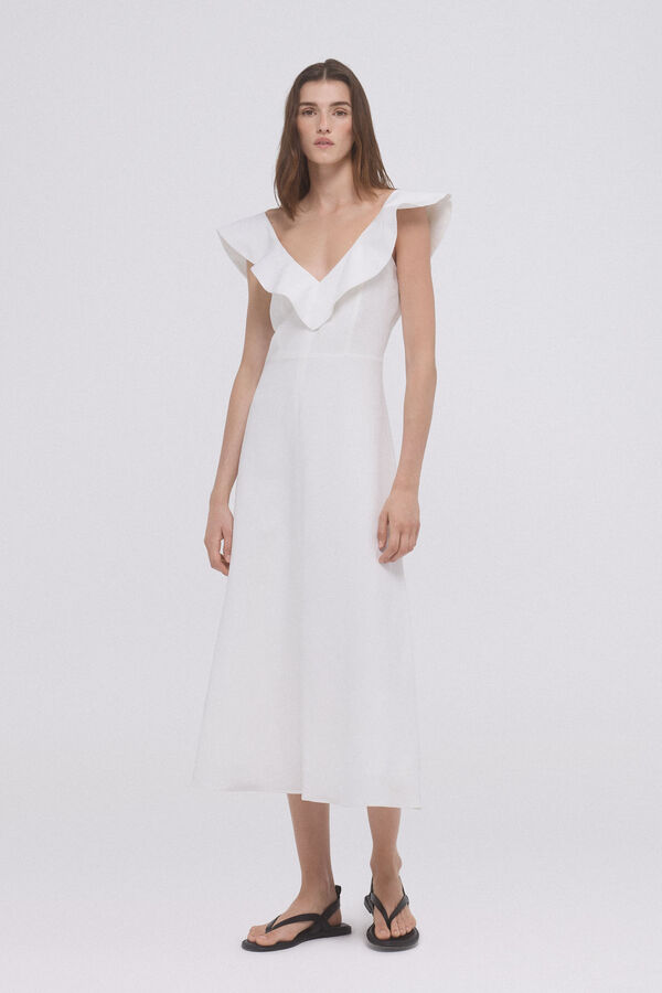 Pedro del Hierro Vestido volantes viscosa y lino Crudo