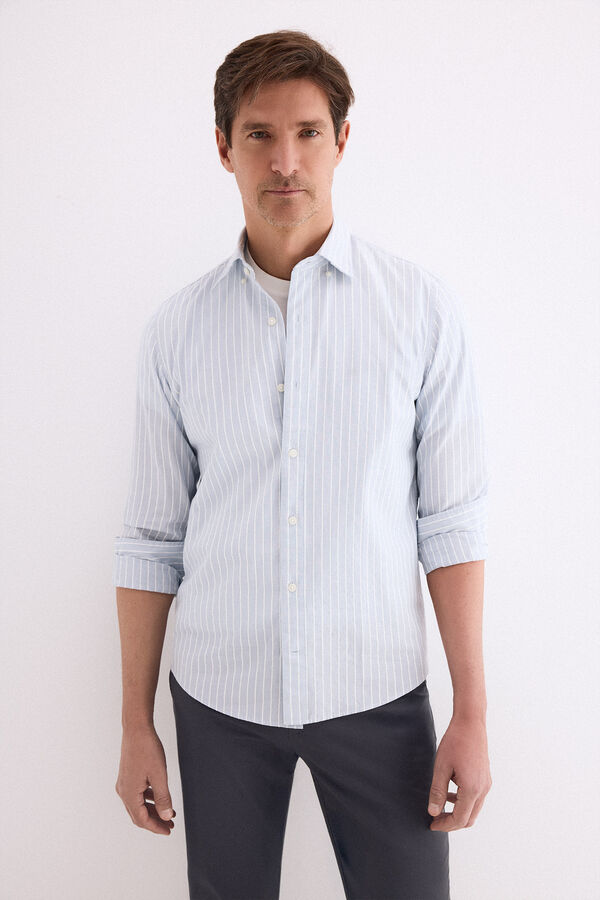 Pedro del Hierro Camisa popel&iacute;n labrado rayas Azul
