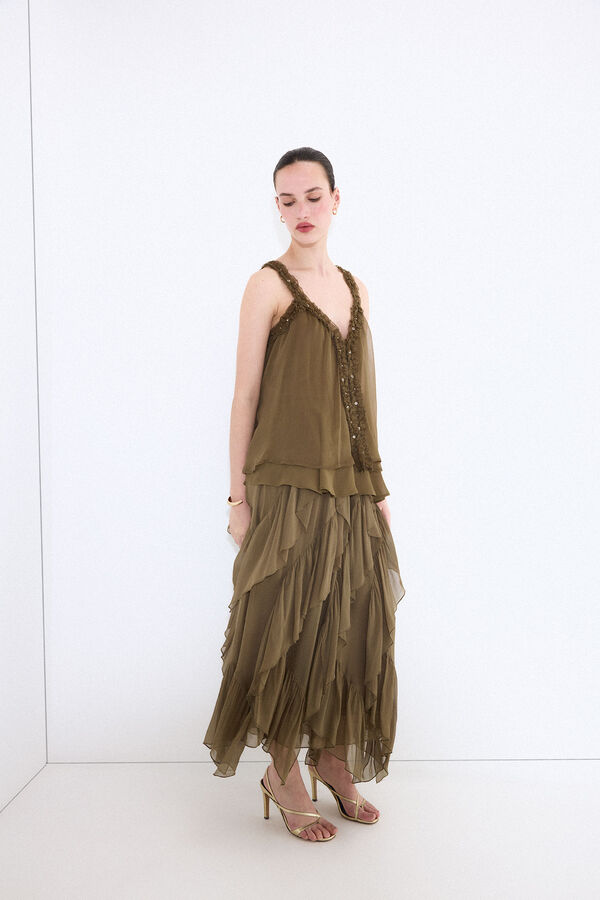 Pedro del Hierro Top de al&ccedil;as com folhos Verde