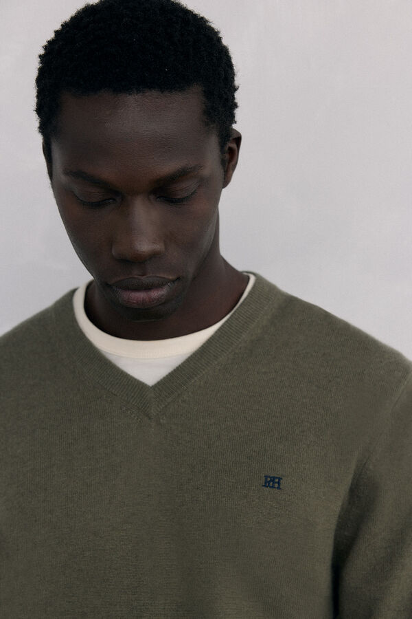 Pedro del Hierro Jersey cuello pico lana merino y cashmere Verde