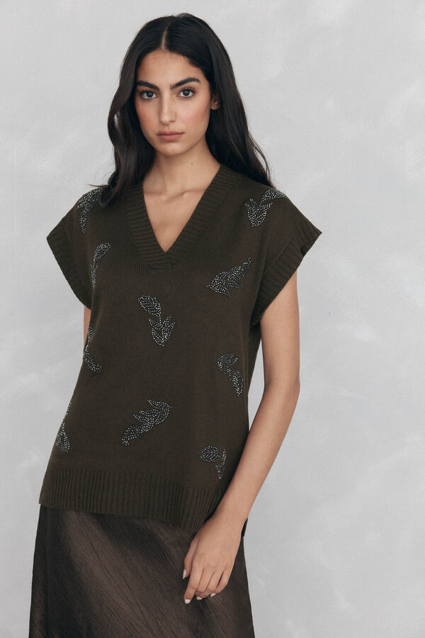 Pedro del Hierro malha de bico e strass bordados Verde