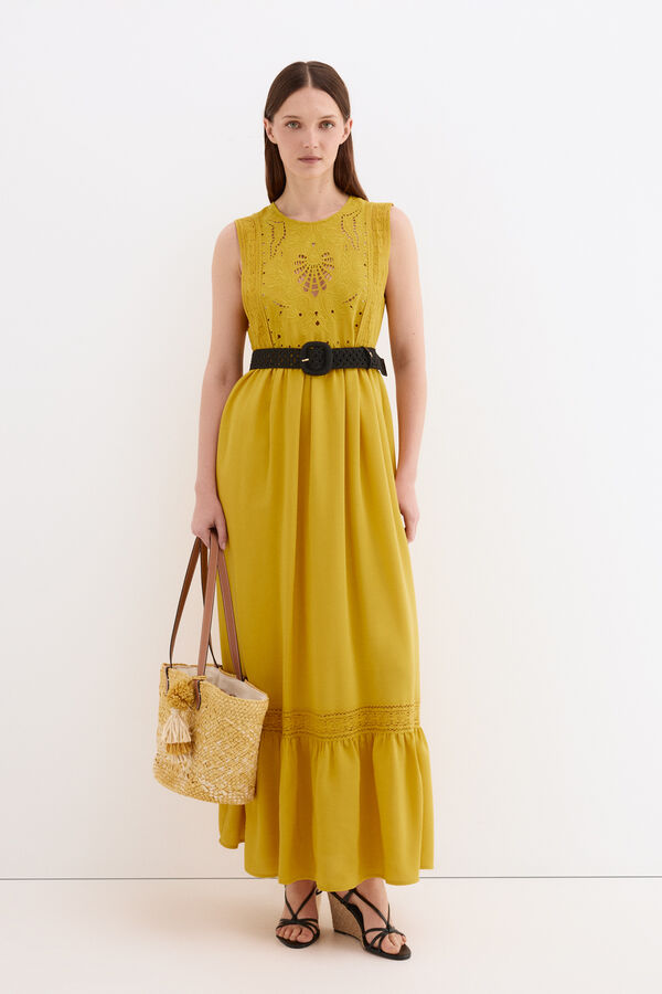 Pedro del Hierro Vestido rom&acirc;ntico bordado Amarelo