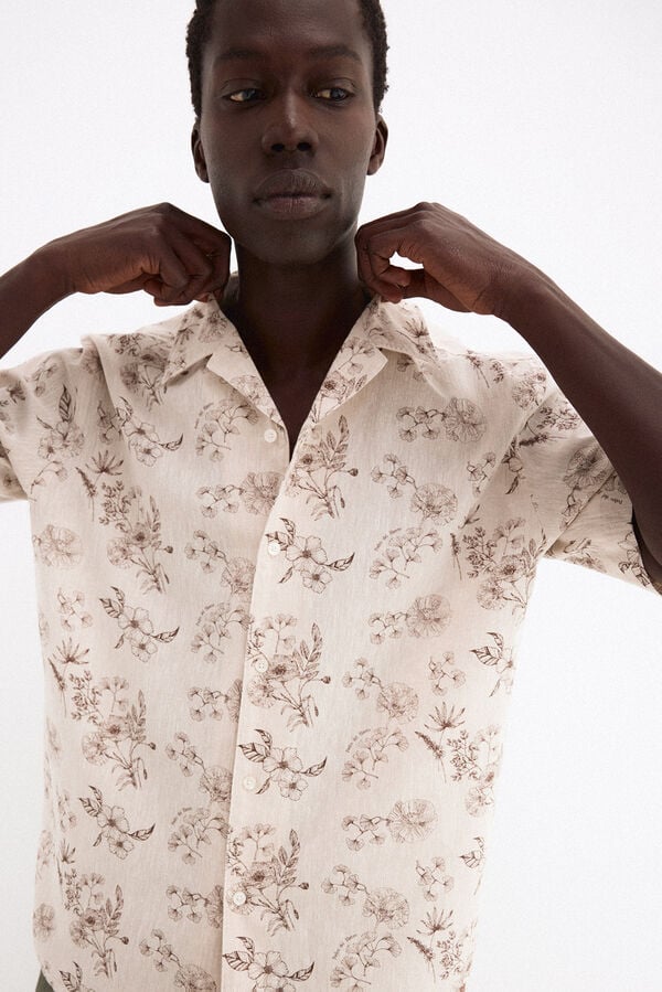 Pedro del Hierro Camisa estampada manga curta em linho e algod&atilde;o Beige