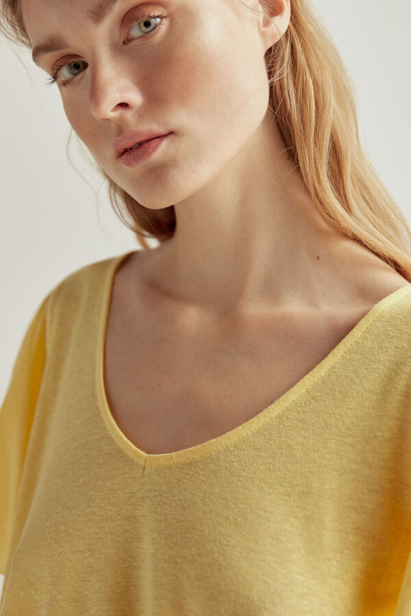 Pedro del Hierro T-shirt básica decote em bico manga curta folhos Amarelo