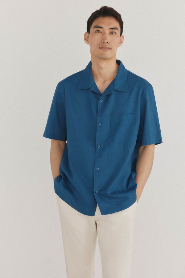 Pedro del Hierro Camisa lisa manga corta tejido lino Azul