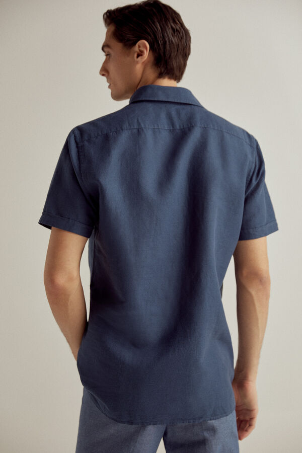 Pedro del Hierro Camisa manga curta linho algodão Azul