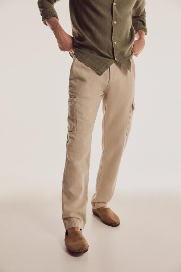 Pedro del Hierro Pantal&oacute;n cargo algod&oacute;n y lino Beige