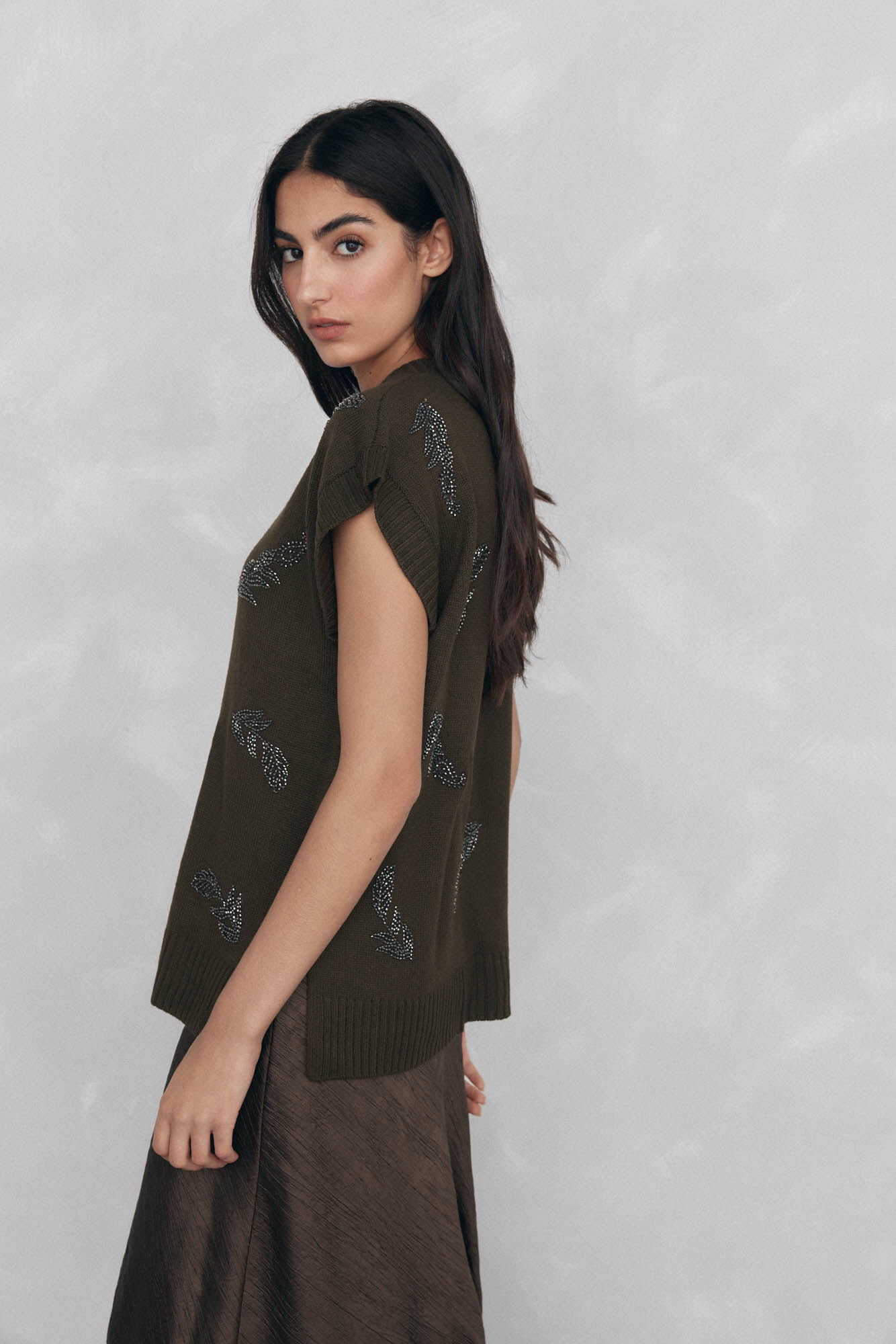 Pedro del Hierro malha de bico e strass bordados