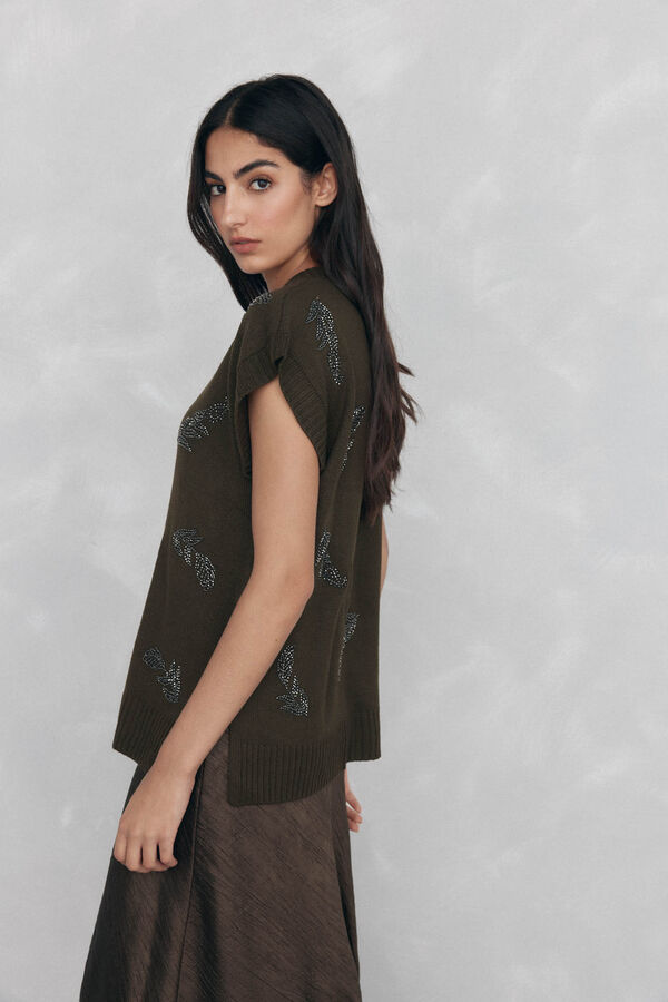 Pedro del Hierro malha de bico e strass bordados Verde