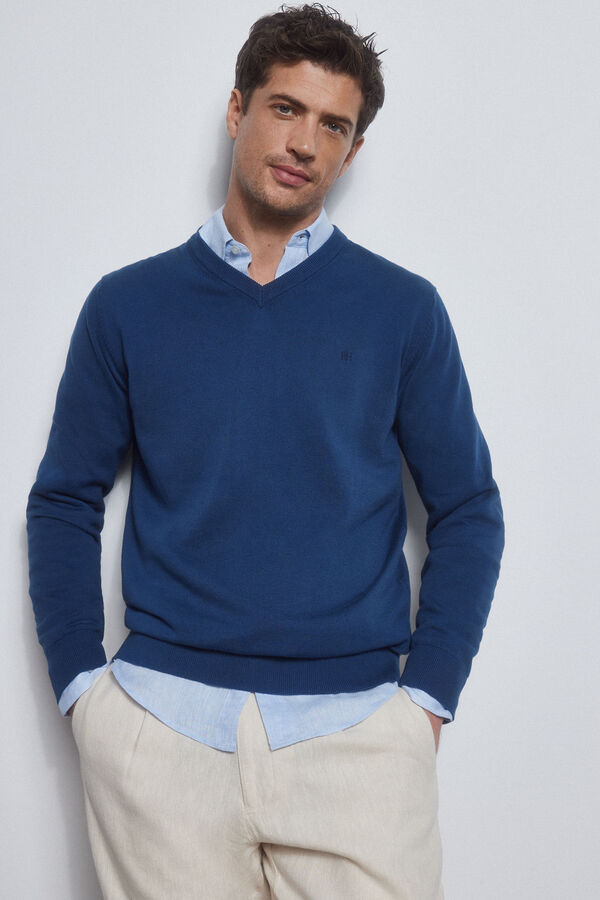 Pedro del Hierro Jersey algod&oacute;n cuello pico b&aacute;sico Azul