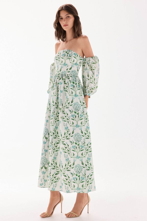 TFP by Tamara Falc&oacute; Vestido decote caicai estampado Turquesa