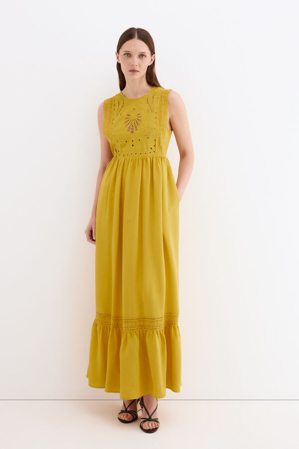 Pedro del Hierro Vestido rom&acirc;ntico bordado Amarelo