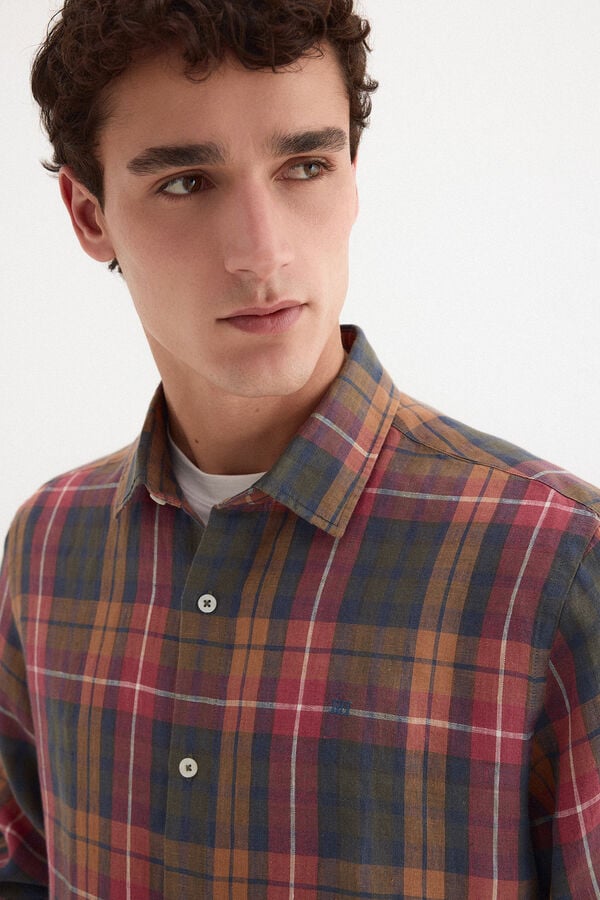 Pedro del Hierro Camisa em linho aos quadrados Bordeaux