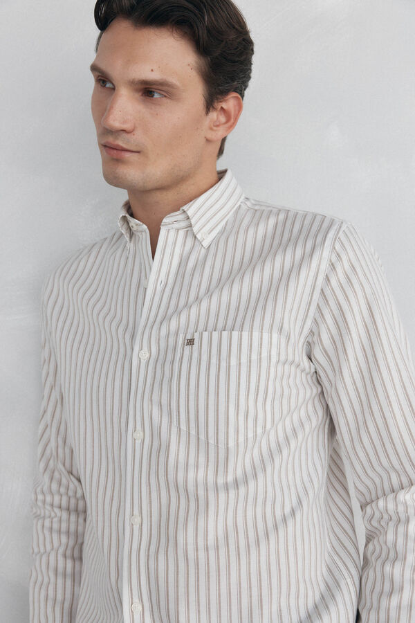 Pedro del Hierro Camisa oxford riscas sem ferro Beige