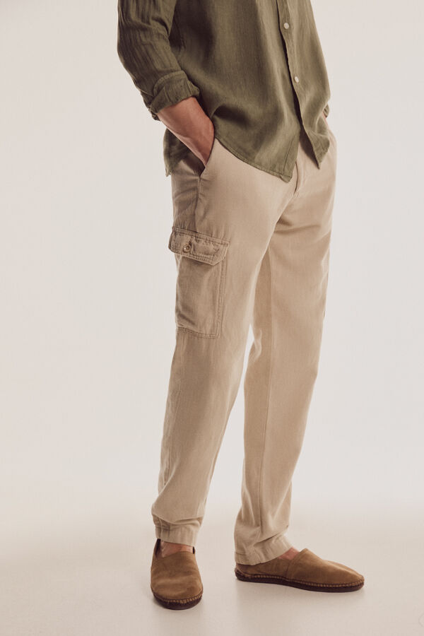Pedro del Hierro Pantal&oacute;n cargo algod&oacute;n y lino Beige
