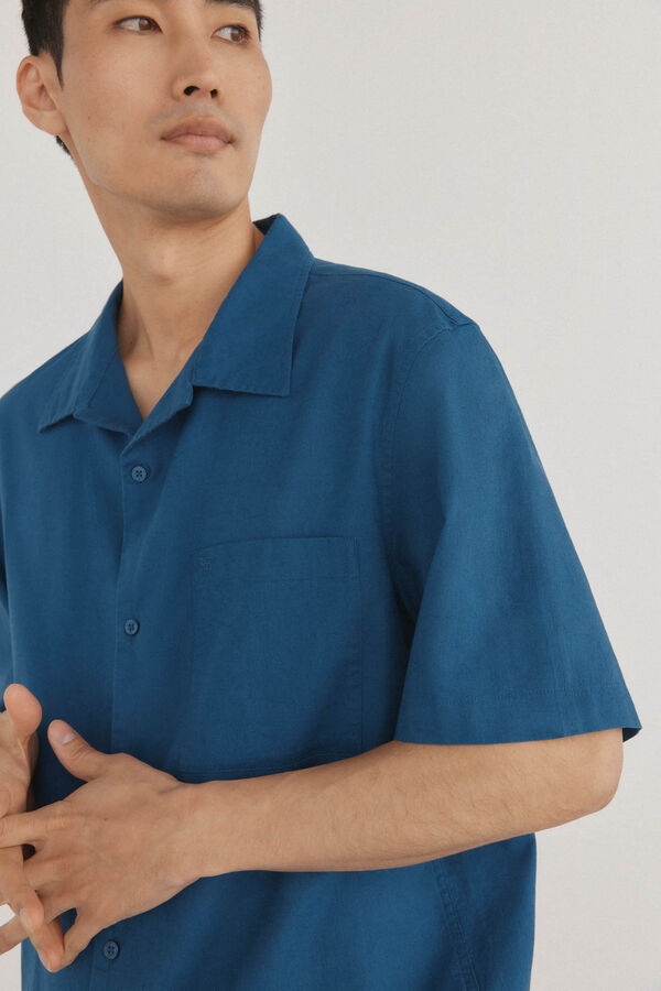 Pedro del Hierro Camisa lisa manga corta tejido lino Azul