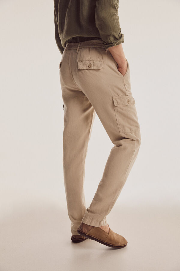 Pedro del Hierro Pantal&oacute;n cargo algod&oacute;n y lino Beige