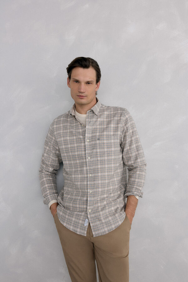 Pedro del Hierro Camisa cuadros franela tejido italiano Beige