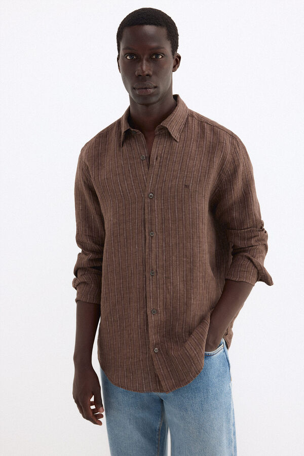 Pedro del Hierro Camisa em linho &agrave;s riscas de tecido italiano Marrom