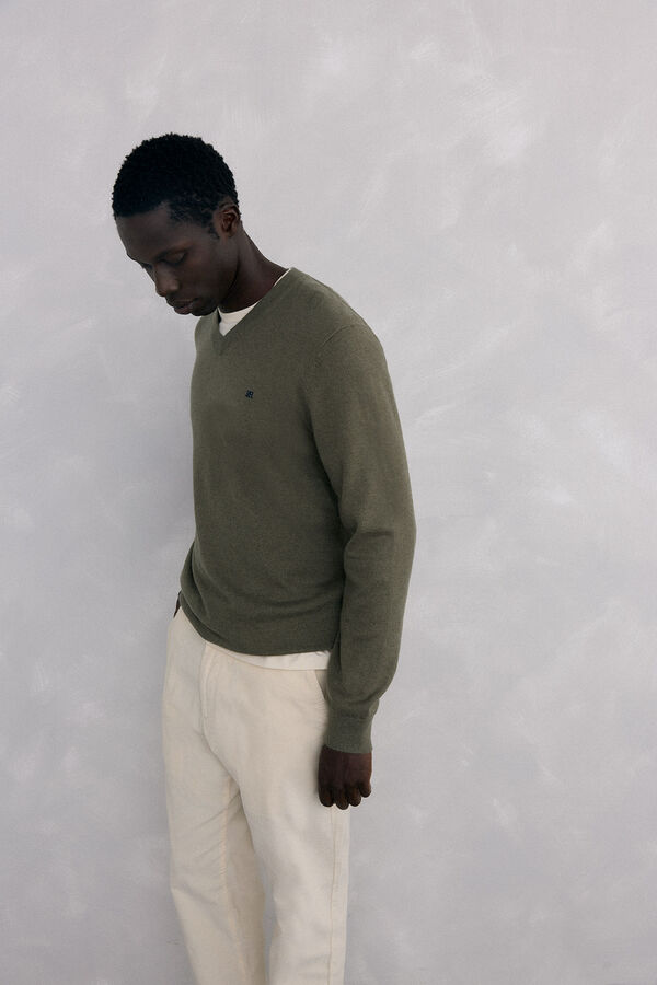 Pedro del Hierro Jersey cuello pico lana merino y cashmere Verde