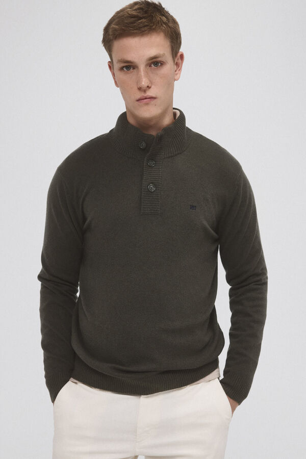 Pedro del Hierro Camisola de l&atilde; e cashmere com gola alta e bot&otilde;es Verde