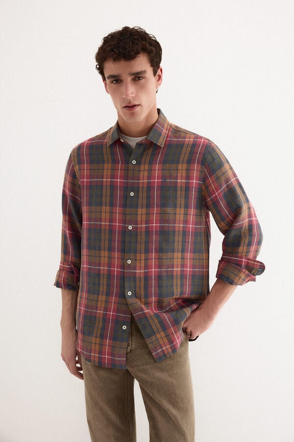 Pedro del Hierro Camisa em linho aos quadrados Bordeaux