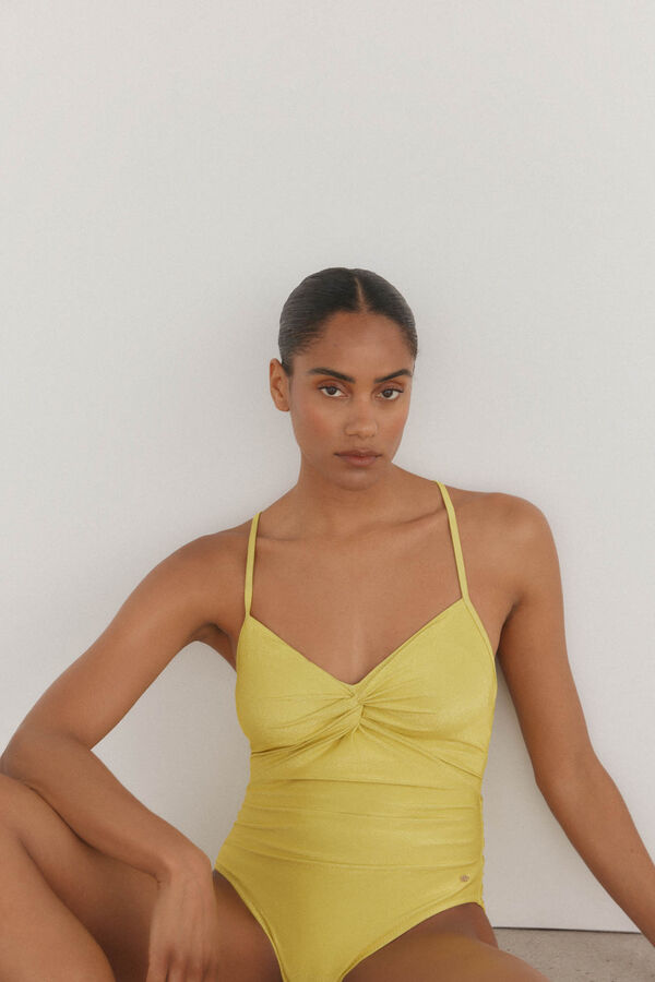 Pedro del Hierro Mai&ocirc; halter com costas cruzadas em tecido lurex fantasia Amarelo