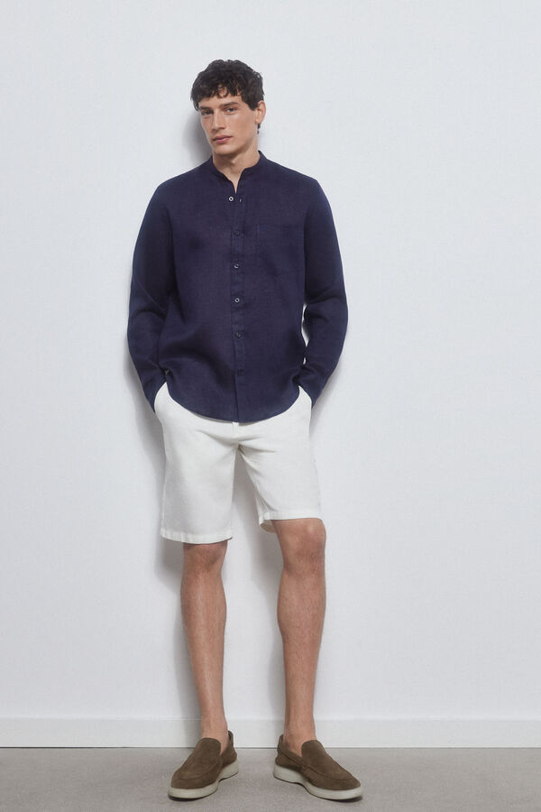 Pedro del Hierro camisa linho gola mao Azul