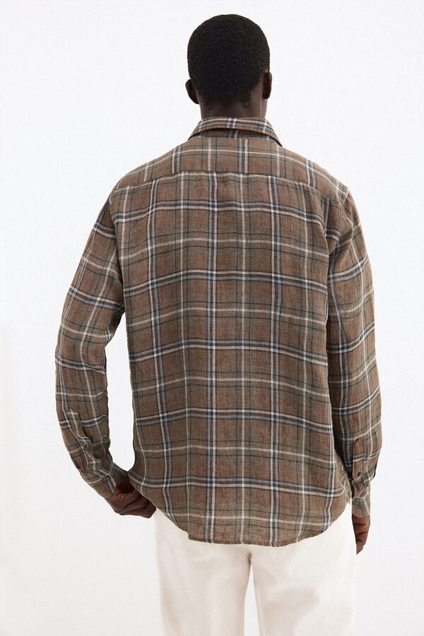 Pedro del Hierro Camisa aos quadrados em linho de tecido italiano Marrom