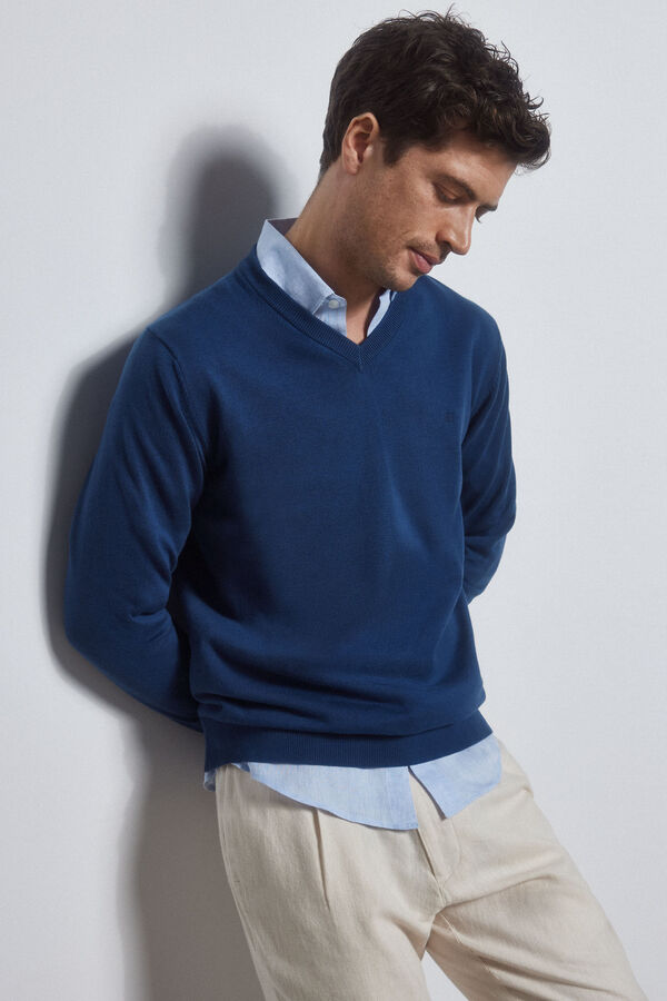 Pedro del Hierro Jersey algod&oacute;n cuello pico b&aacute;sico Azul