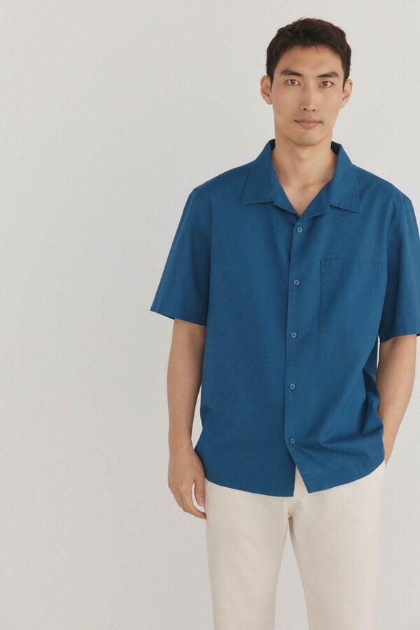 Pedro del Hierro Camisa lisa manga corta tejido lino Azul