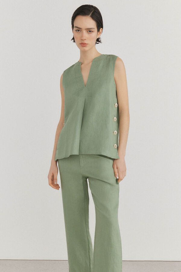 Pedro del Hierro Top de lino detalle botones Verde